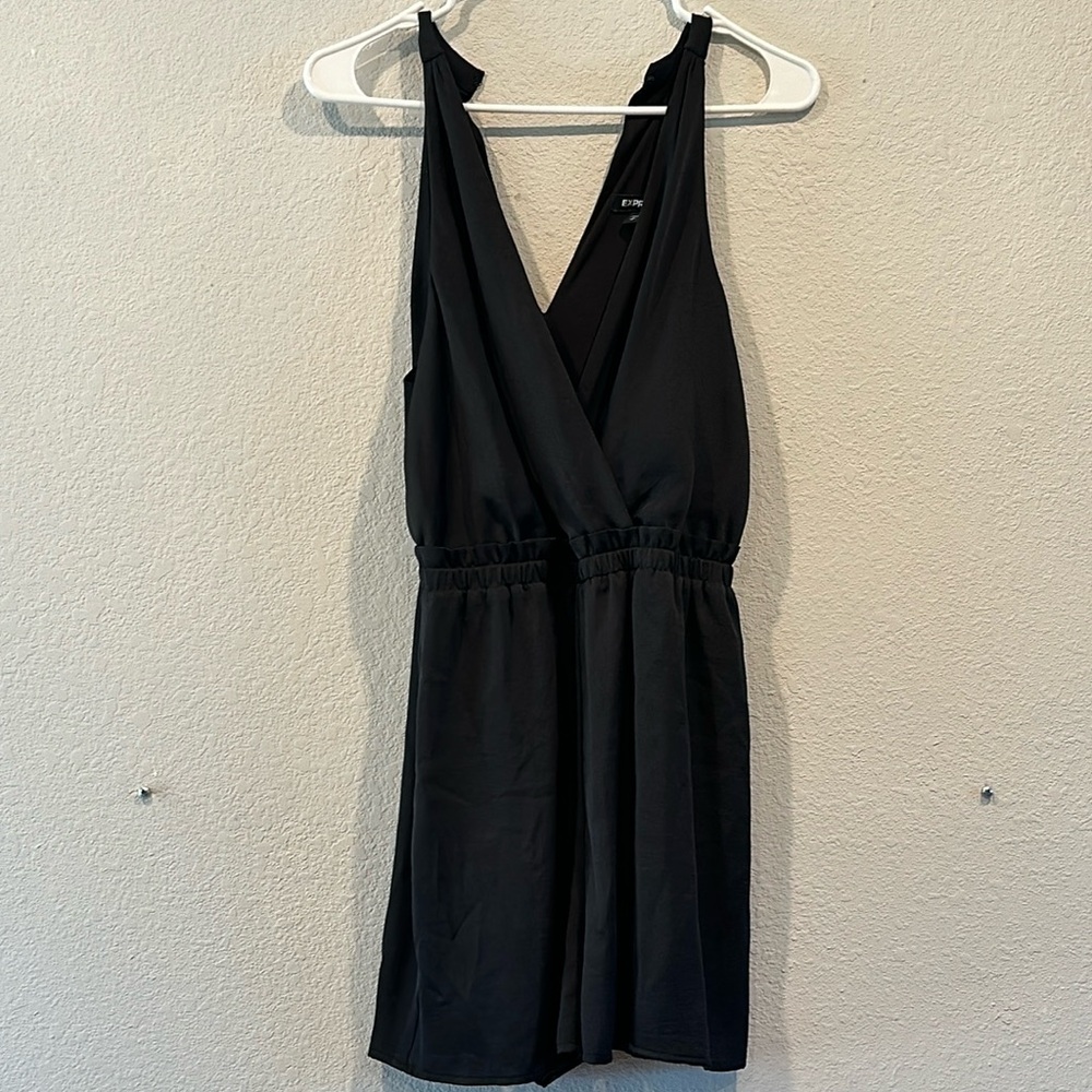 Express black satin like short romper.